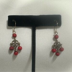 Red Dangle Earrings Wooden Beads Filigree Setting Hippie Boho Dainty & Sweet